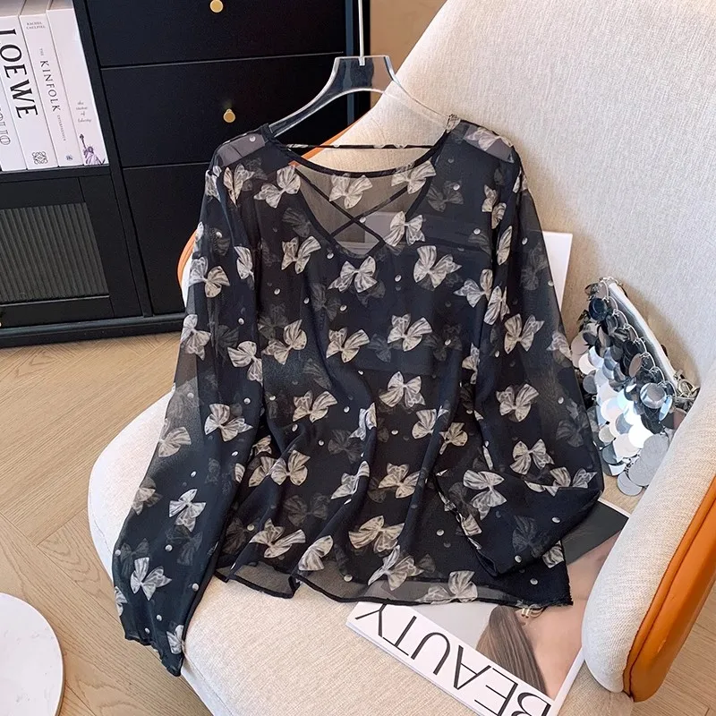 

Summer Y2k Bow Print Sunscreen Shirt Women's 2024 Sexy Spice Girl Thin Micro-Transparent V Neck Loose Top Elegant Chiffon Blouse