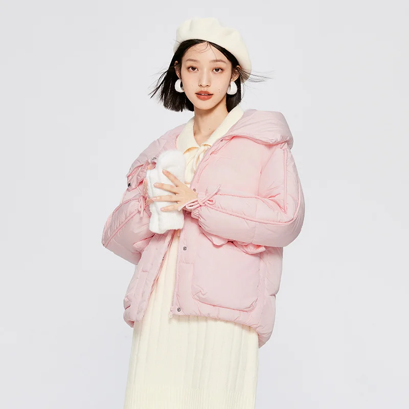 Semir Women Medium Long Cotton Hood Coat Warm White 2022 Winter New Style Bow Tie Loose Sweet And Thick Coat