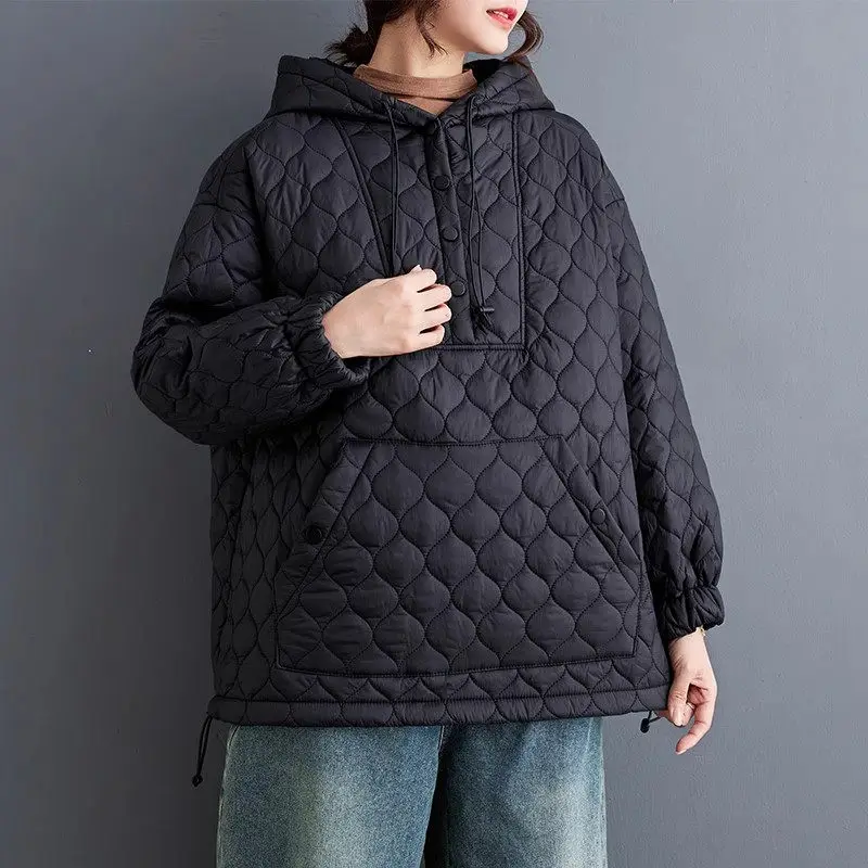 2023 Autumn/Winter Sweatshirt Cotton Coat Korean Loose Fashion Casual Pullover Versatile Hooded Quilted Jacket For Women Z3469