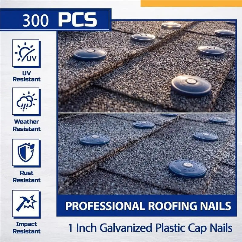 ABZS Waterproof Membrane, Felt Film, Insulation Board For House Wrap- 300-Pack 1-Inch Round Plastic Cap Nails, Roofing Nails