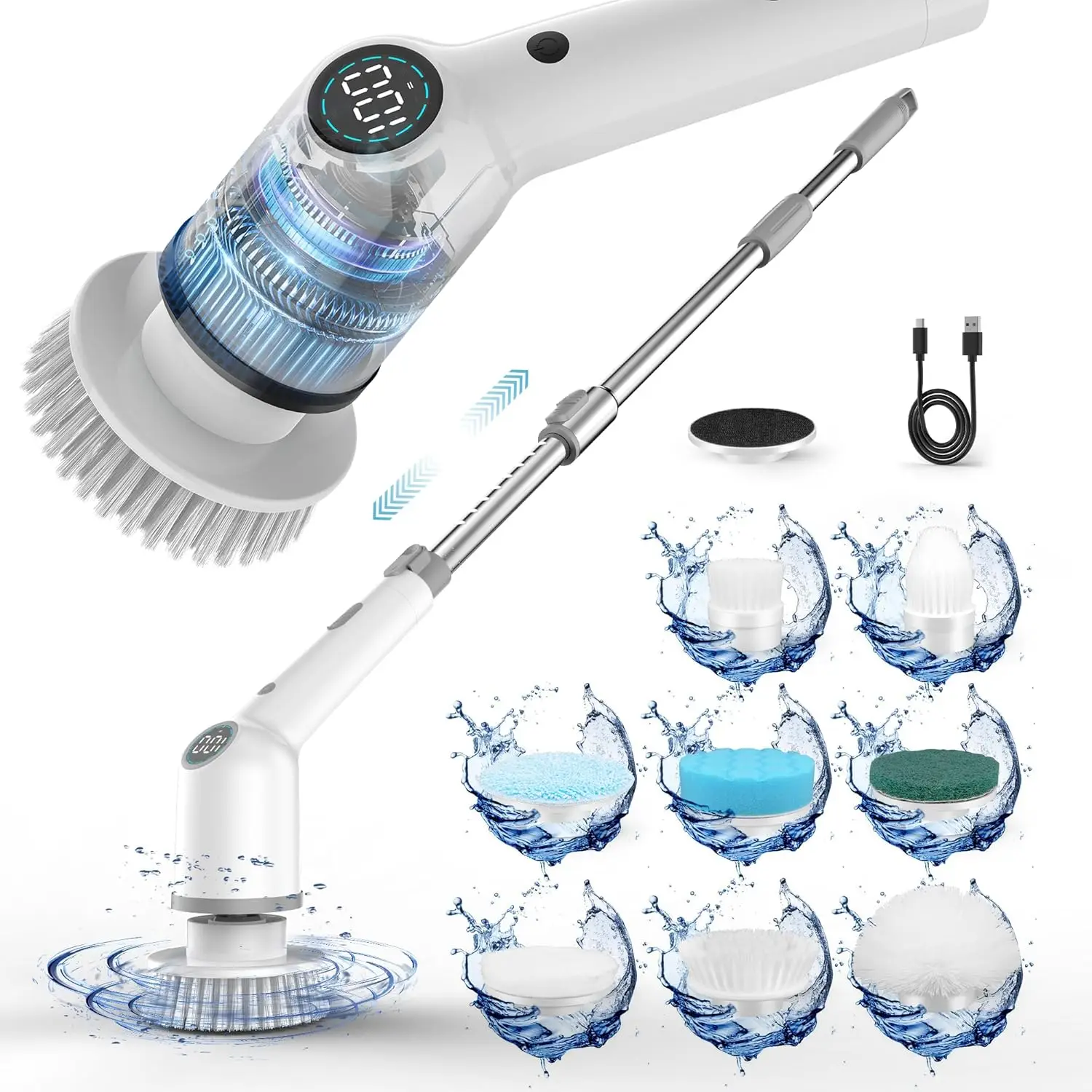 New 9-in-1 Cordless Electric Spin Scrubber, 450RPM Tub and Tile Cleaner with Long Handle for Bathroom, Kitchen, Floor, Window