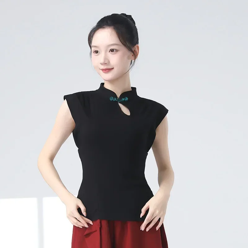 

National style Chinese modern dance disc-button sleeveless shirt top classical dance vest design sense art test thin practice