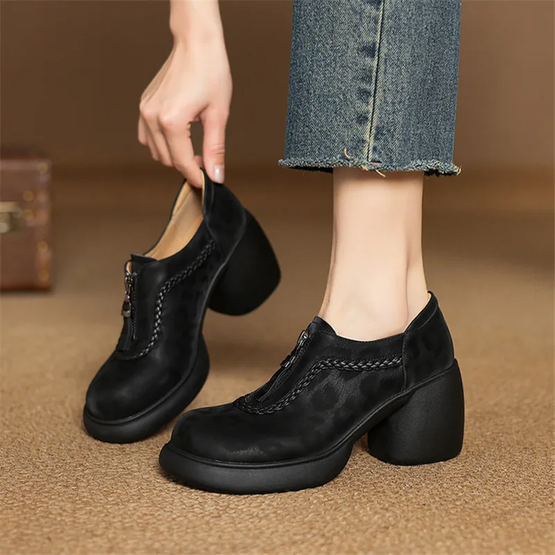 2025 New Spring Leopard Print Sheep Leather Woman Shoes Round Toe High Heel Women Pumps Shoes for Women Fashion Platform Loafers