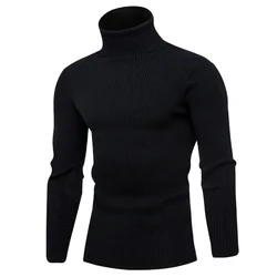 Suéter de lã monocromática masculino de malha gola alta, pulôver justo, roupa casual, novo, outono, inverno