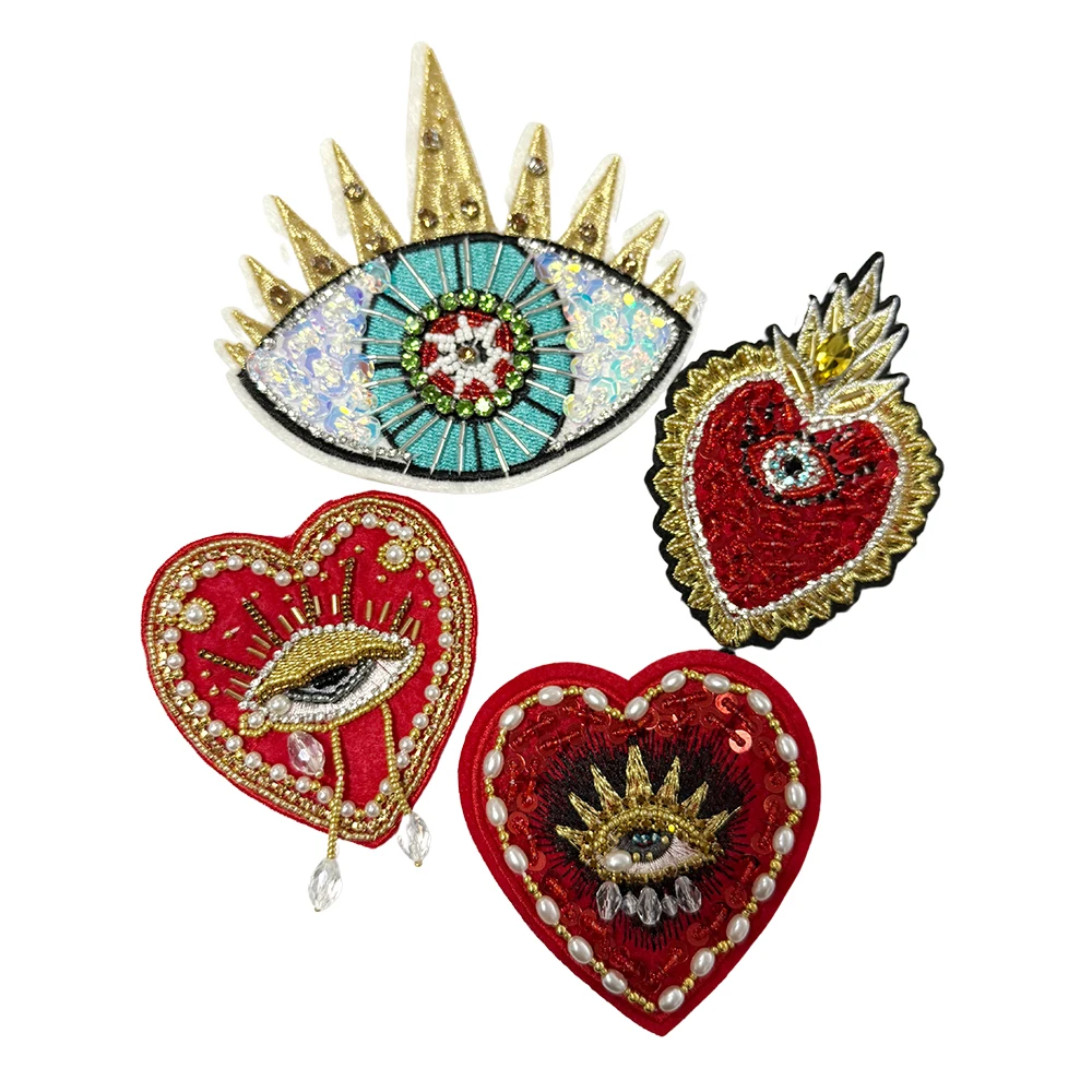 1 Piece Heart Beads Sequins Heart Eye Shape Fashion Badges Applique Embroidered Beaded Patch for Clothing