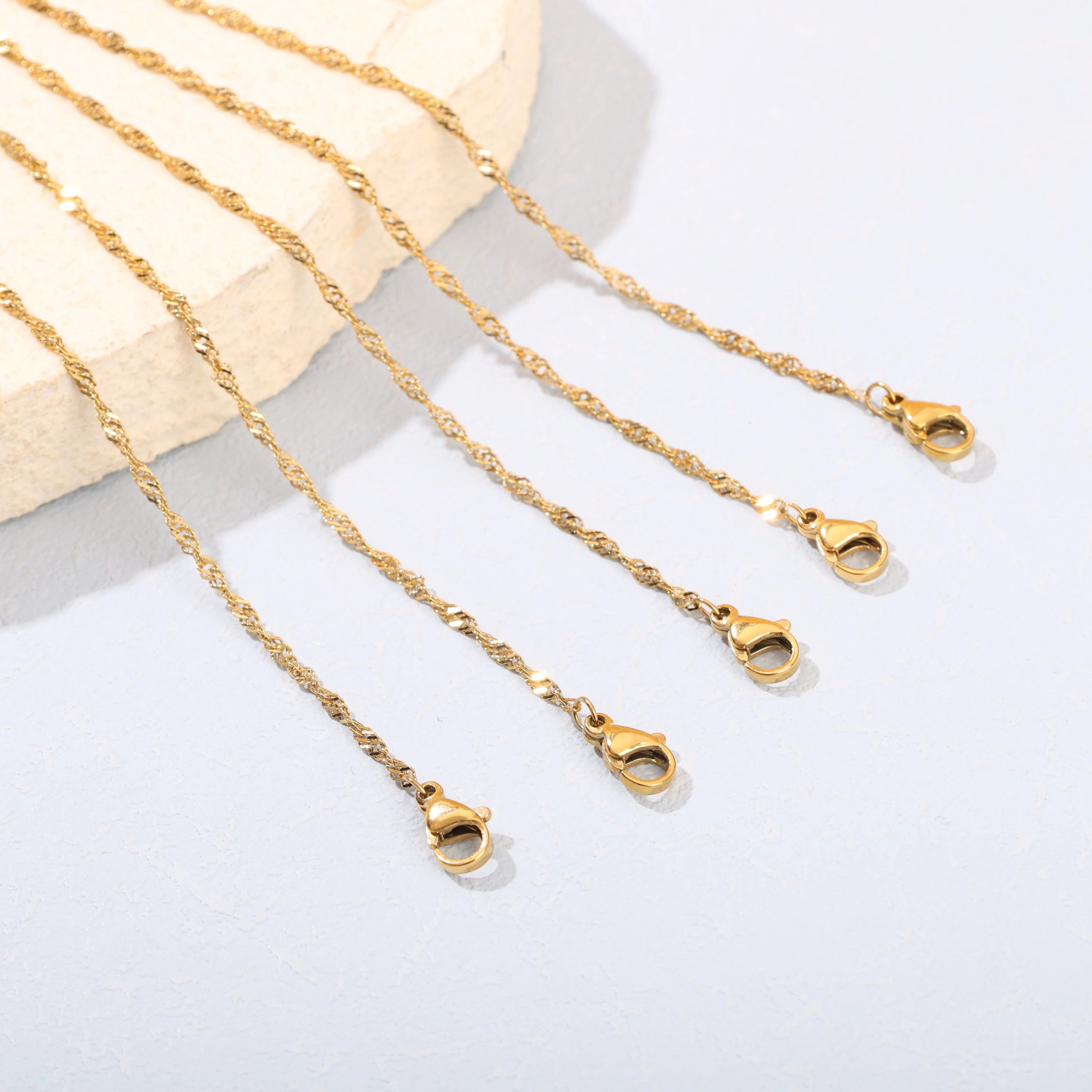 Fnixtar 10 pieces 45cm gold rigid stainless steel water ripple chain necklace 2mm thick women's jewelry chain necklace