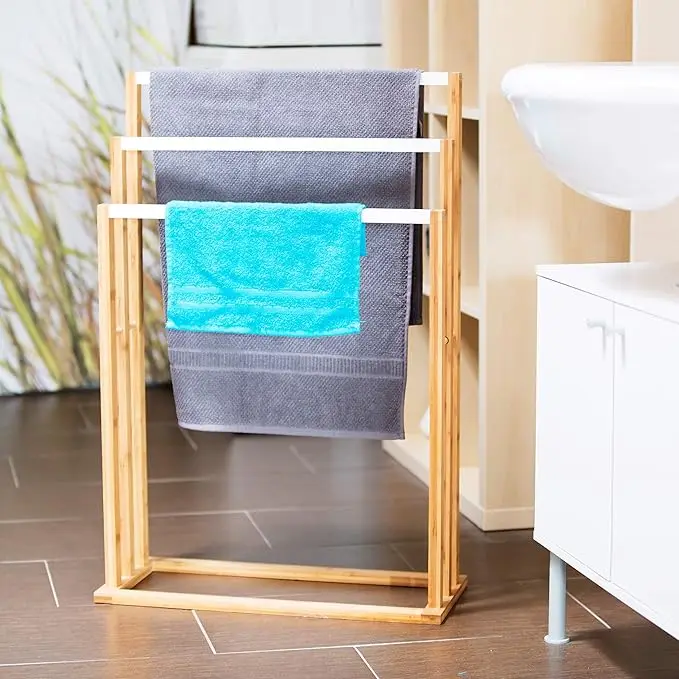 

Natural Wooden Tripod Towel Holder Freestanding with 3 Rails Freestanding Racks for Bathroom Accessories Bamboo Towel Rack