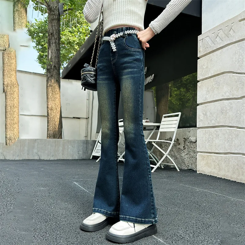 Girls Trousers Jeans 2024 Fall New Children Stretch Flared Pants Fashion Spring and Autumn Micro Cropped Pants Fashion Bottoms