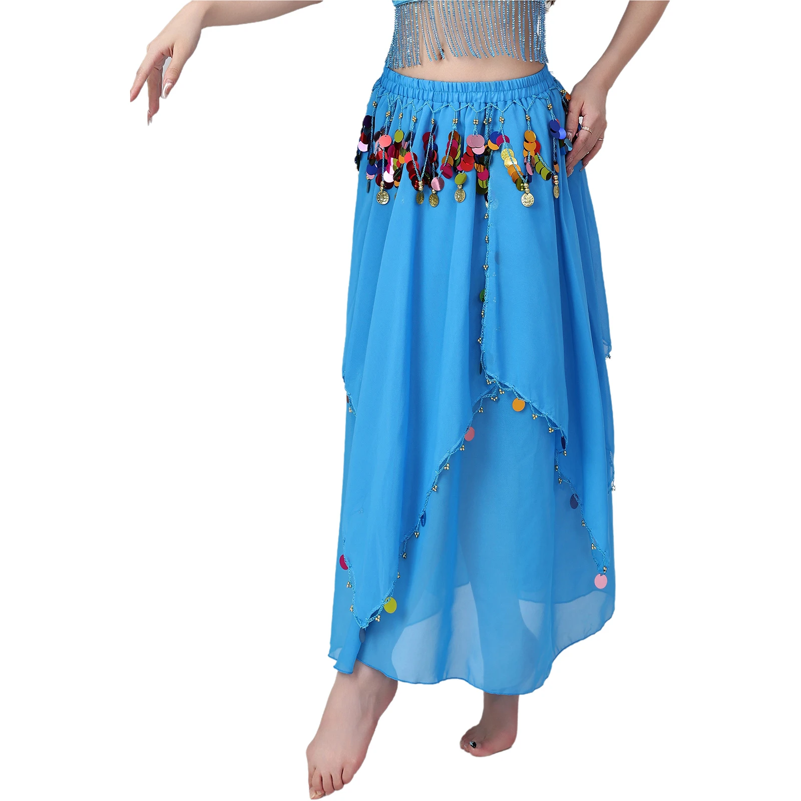 Bauchtanz-Chiffon-Rock für Damen, glitzernde Pailletten, Quaste, unregelmäßiger Saum, dehnbarer Rock, Tanzbekleidung, indischer Tanz, Volkstanzkleidung