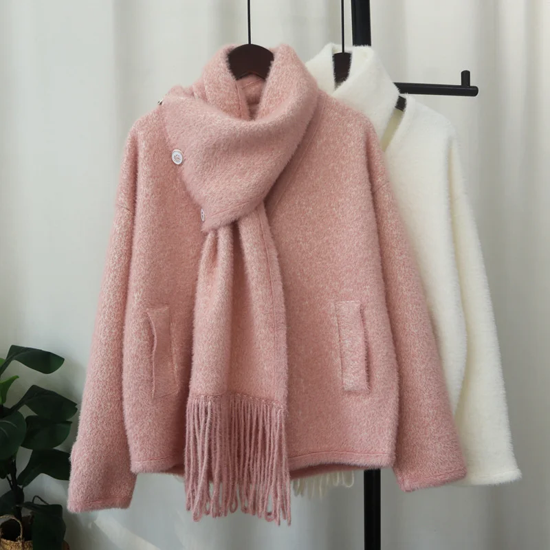 

2025 Fashion Faux Mink-velvet Knitted Cardigan Coat Women's Loose Short Sweaters Autumn Winter Thicken Removable-scarf Outerwear