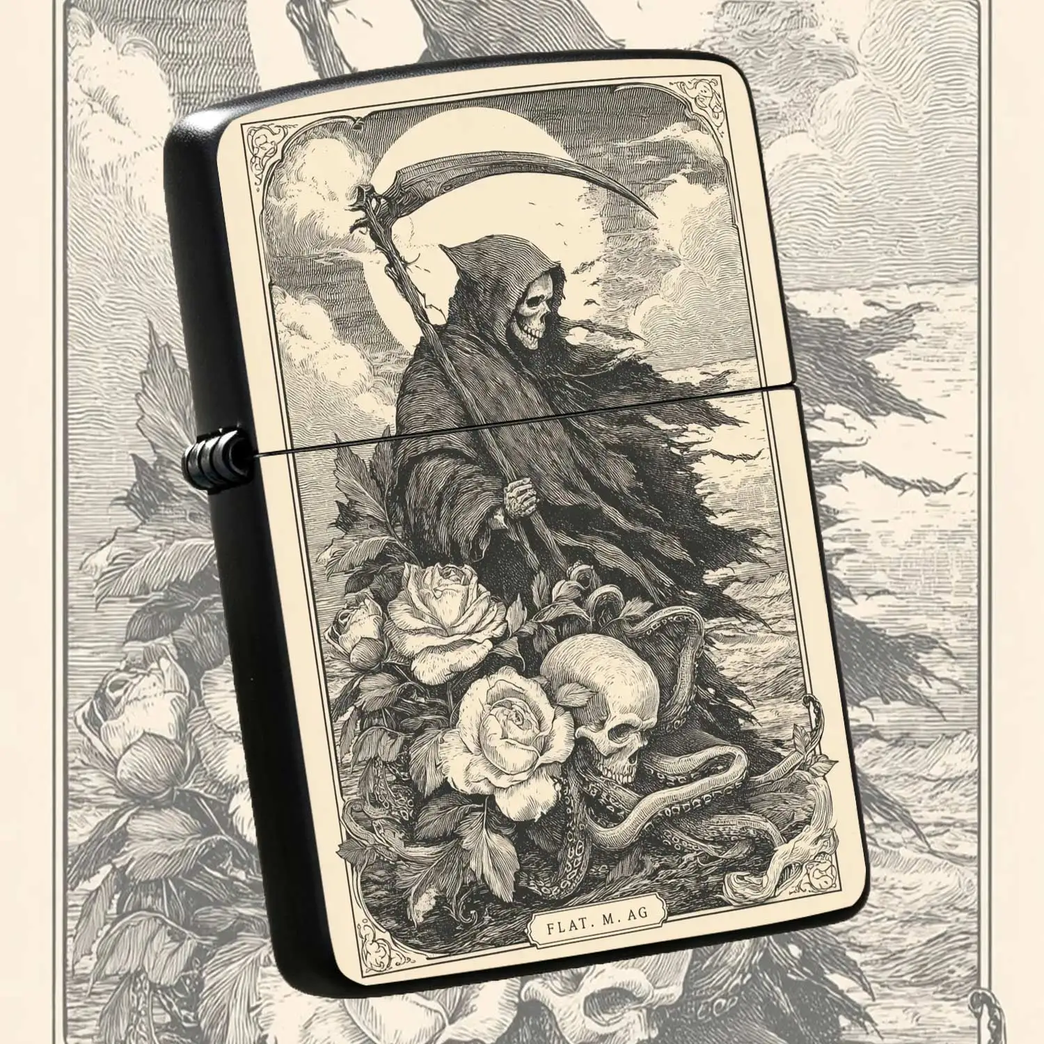 Flip-top Pocket  Windproof  Lighter, Vintage Grim Reaper Rose Skull Pattern Etched , Dark Gothic Style Creative , Portable Personalized Lighter for Daily Use andGift-giving Humorous and Fun Lighter