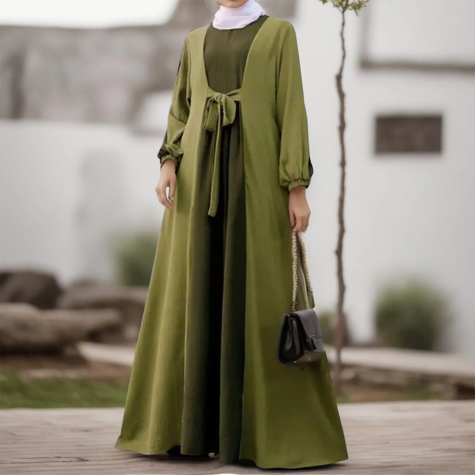 

2024 New Fashion Women's Muslim Dresses Color Blocking Patchwork Long Sleeved Dresses Casual Loose Tie Long Robe Dresses