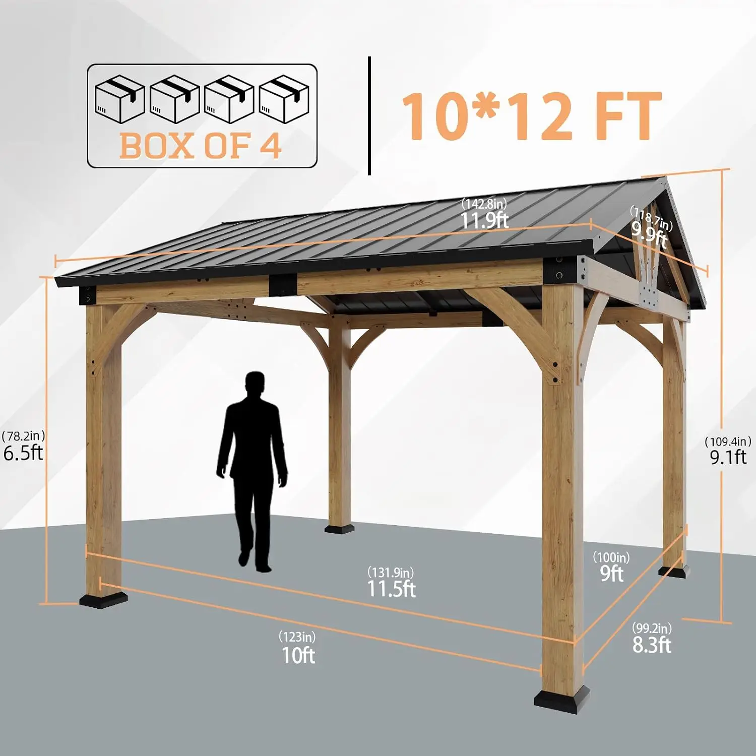 10x12 ft Cedar Wood Gazebo, Hardtop Gazebo with Galvanized Steel Peak Roof, Outdoor Pavilion for Garden, Backyard,, Customized