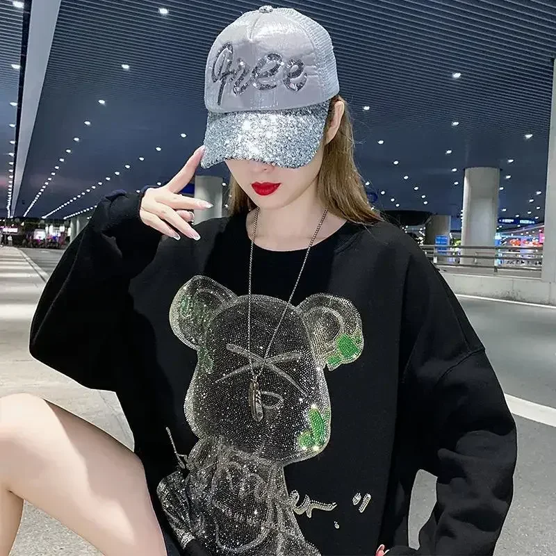 Women\'s Sweatshirt Sequin Woman Clothing Text Hip Hop Loose Baggy Top Glitter Rhinestone Black Pullovers Round Neck Graphic Long