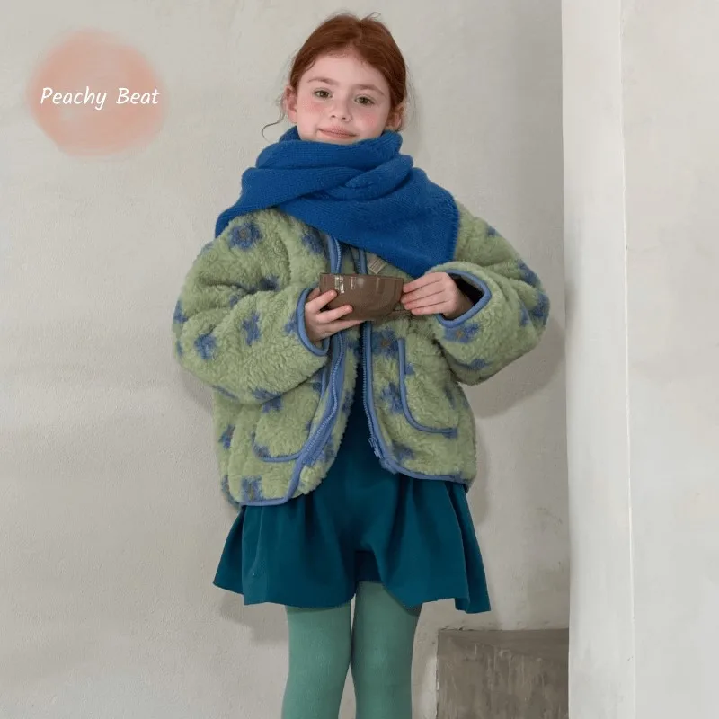 Fashion Baby Girl Flower Printed Sherpa Fleece Jacket Infant Toddler Child Thick Warm Coat Autumn Winter Baby Clothes 1-12Y