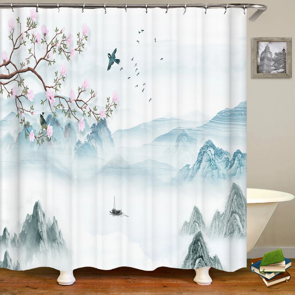 3D Pink cherry blossom ink flower bird printing home decoration shower curtain polyester waterproof curtain with hook 180x180cm