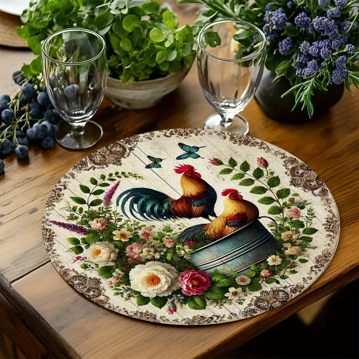 VIKAMA 4-Piece Country Floral Rooster Placemats Family Gatherings, Country Restaurant Parties Table Decor and Accessories