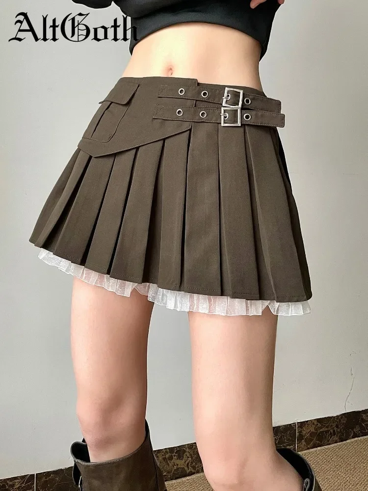 

AltGoth Sweet Y2k E-girl Skirt Women Pastel Goth Streetwear Harajuku Lace Patchwork High Waist Pleated Skirt Punk Casual Skirt