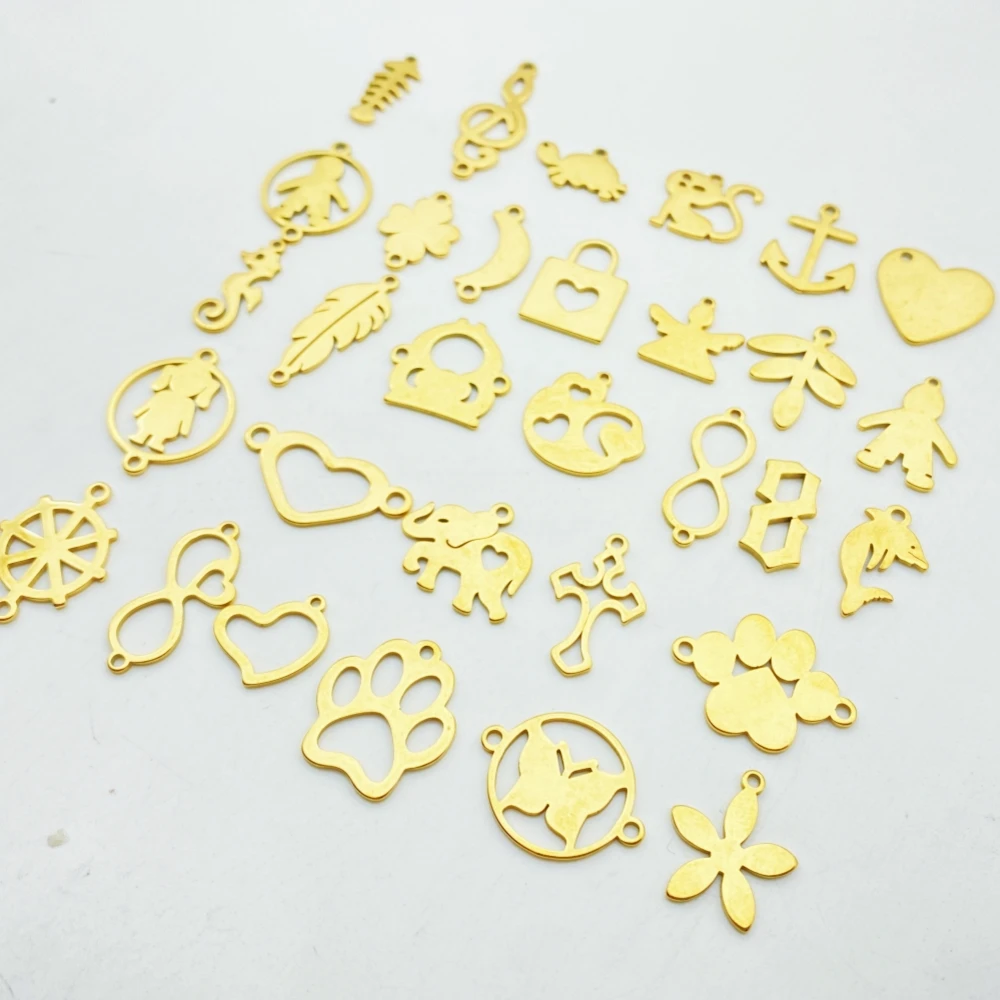 10pcs Mixed 30Types Flower Charms Connectors Animal Golden Color 100% Stainless Steel Infinite Love Pendants Diy Jewelry Making