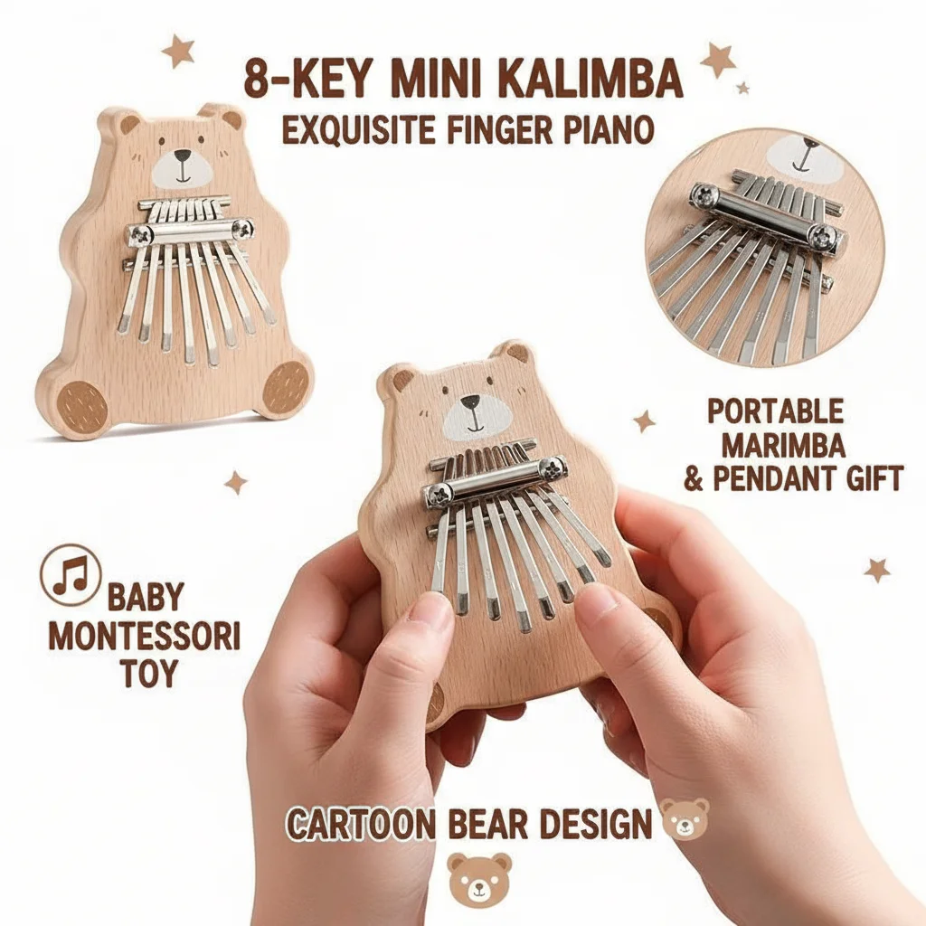 8 Key Mini Kalimba Portable Thumb Piano Cartoon Bear Finger Musical Instrument Baby Montessori Toy Kids Gift