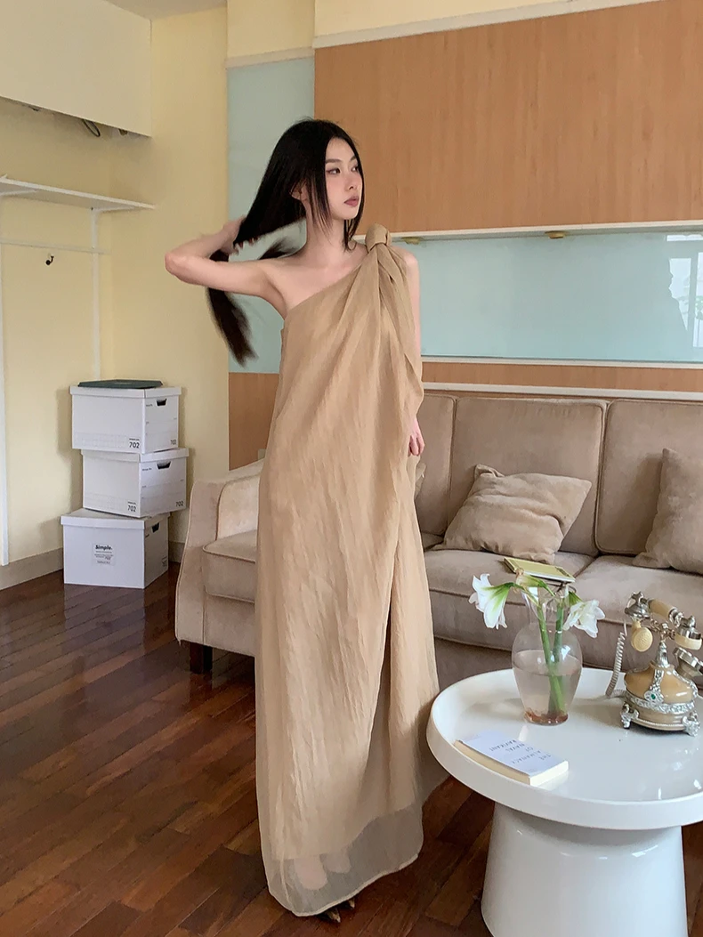 CHEERART Kink One Shoulder Maxi Dress 2024 Women Summer Loose Straight Oversized Long Dress Fashion Designer Clothes