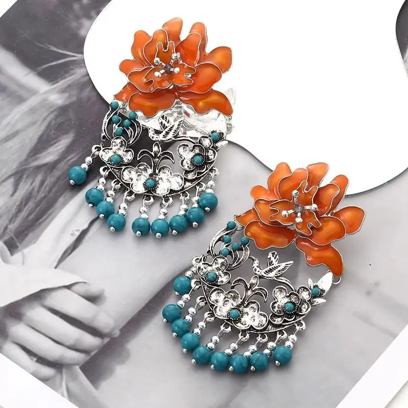 Vintage Ethnic Imitation-turquoise Flower Tassel Long Earrings