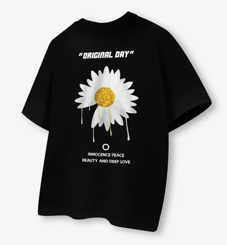 Dripping Paint Daisy Print T‑Shirt Letter Graphic Unisex Oversized Casual Tee Black White