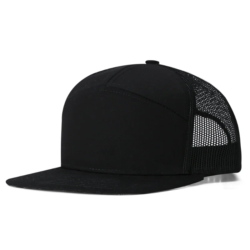 Custom Logo Text 7 Panel Flat Brim Baseball Cap Men and Women Mesh Truck Hat Summer Outdoor Adjustable Snapback Hip Hop Gorras