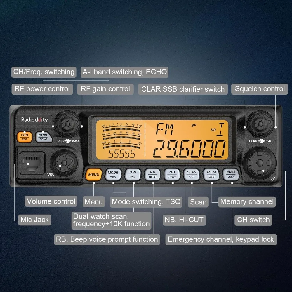 QT60 Pro 10 Meter Radio SSB, AM, FM, PA, 60W High Power Amateur Ham Mobile Transceiver, Large LCD Display