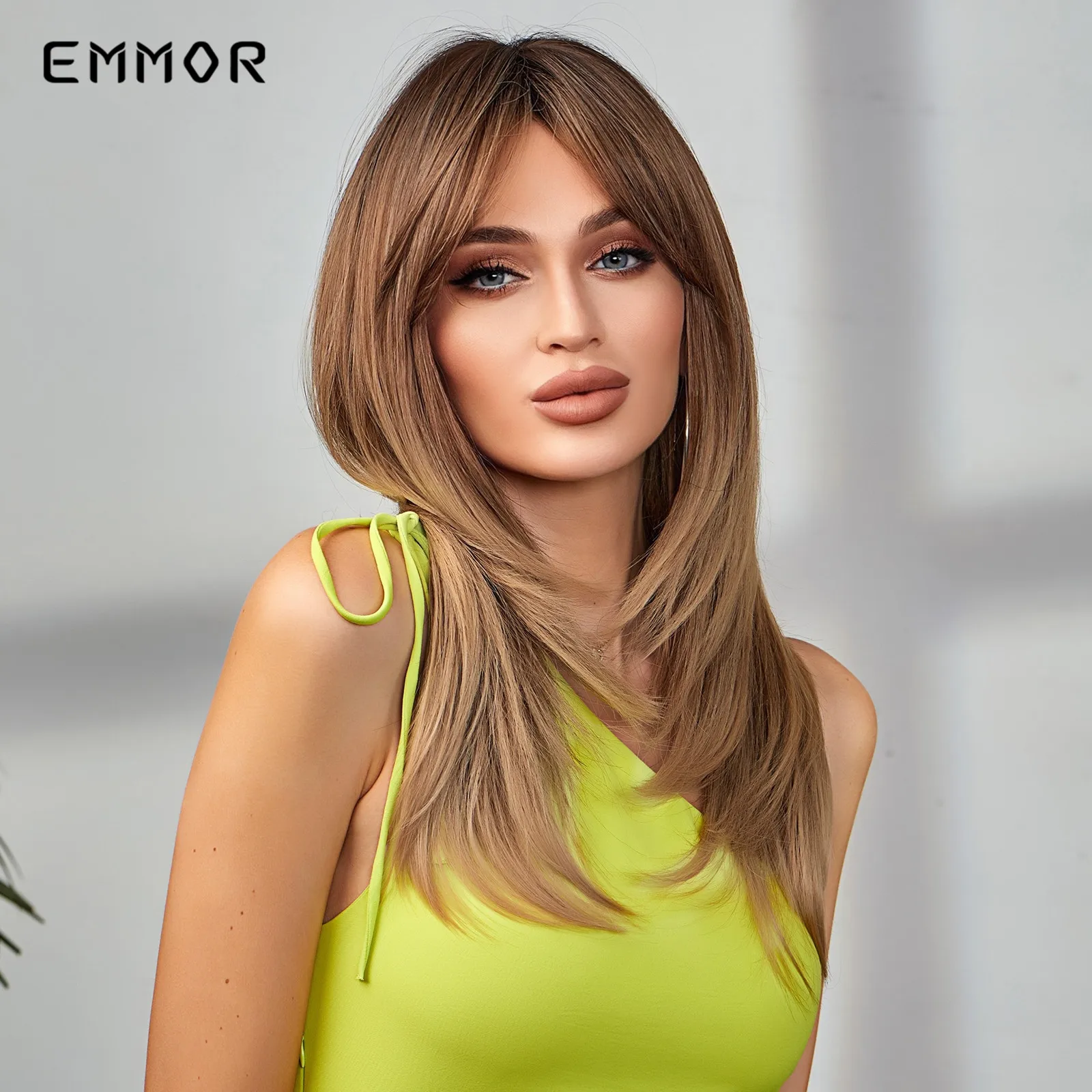 Emmor สังเคราะห์สีดำ Ombre วิกผมสีบลอนด์ Bangs วิกผมผมคอสเพลย์ความร้อนธรรมชาติวิกผมสำหรับผู้หญิงทุกวันวิกผม