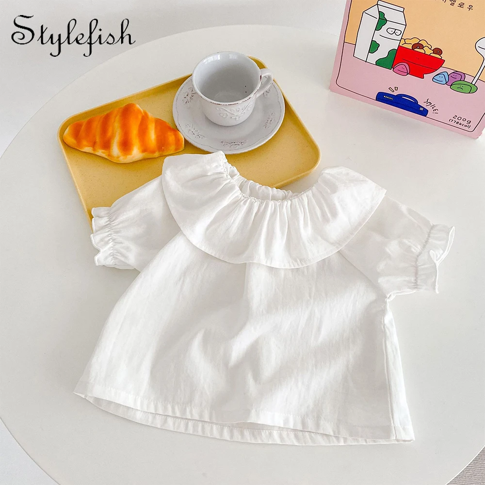 Baby T-Shirt, New Summer Trend For Boys And Girls, Versatile Ruffle Collar Short Sleeved Shirt, Top White Versatile Style