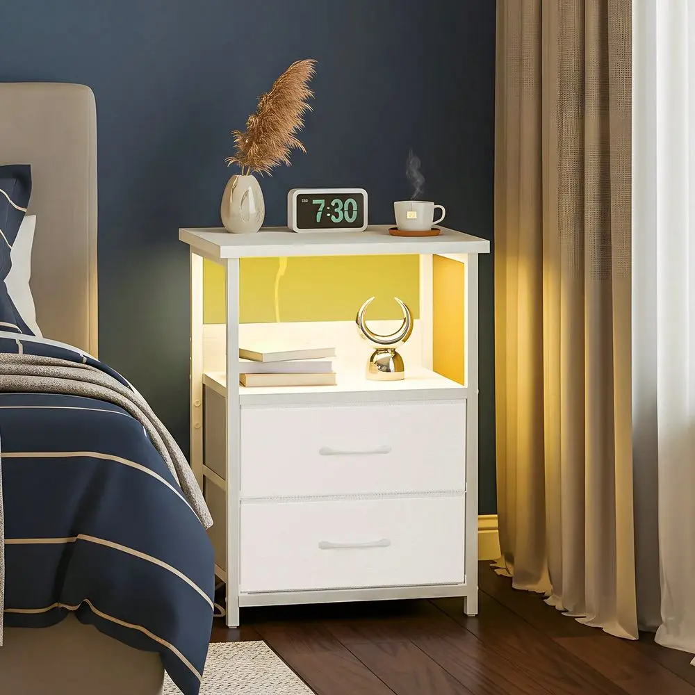 

White Nightstand With Charging Station, 25 Drawers Night Stand With USB Ports And Outlets, Fabric Storage Drawers With PU Finis