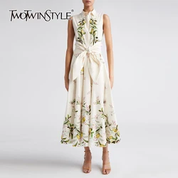 TWOTWINSTYLE Hit Color Printing Dresses For Women Lapel Sleeveless High Waist Patchwork Lace Up Elegant Dress Female Fashion New