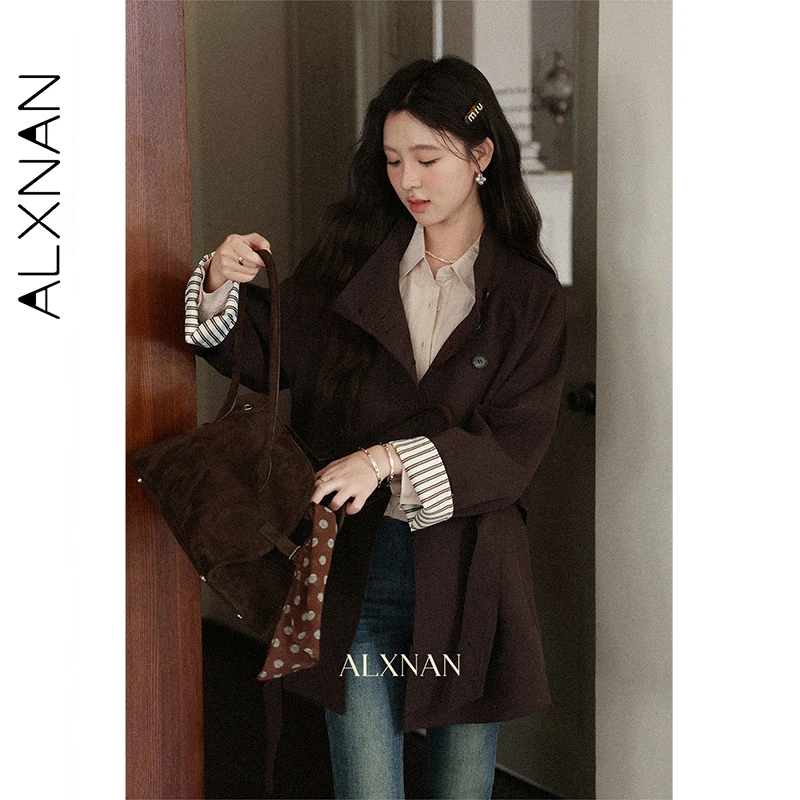 

ALXNAN Brown Loose-fit Short Trench Coat Women Autumn Elegant Office Casual Long Sleeve Windbreaker Daily Basic Outerwear L57029