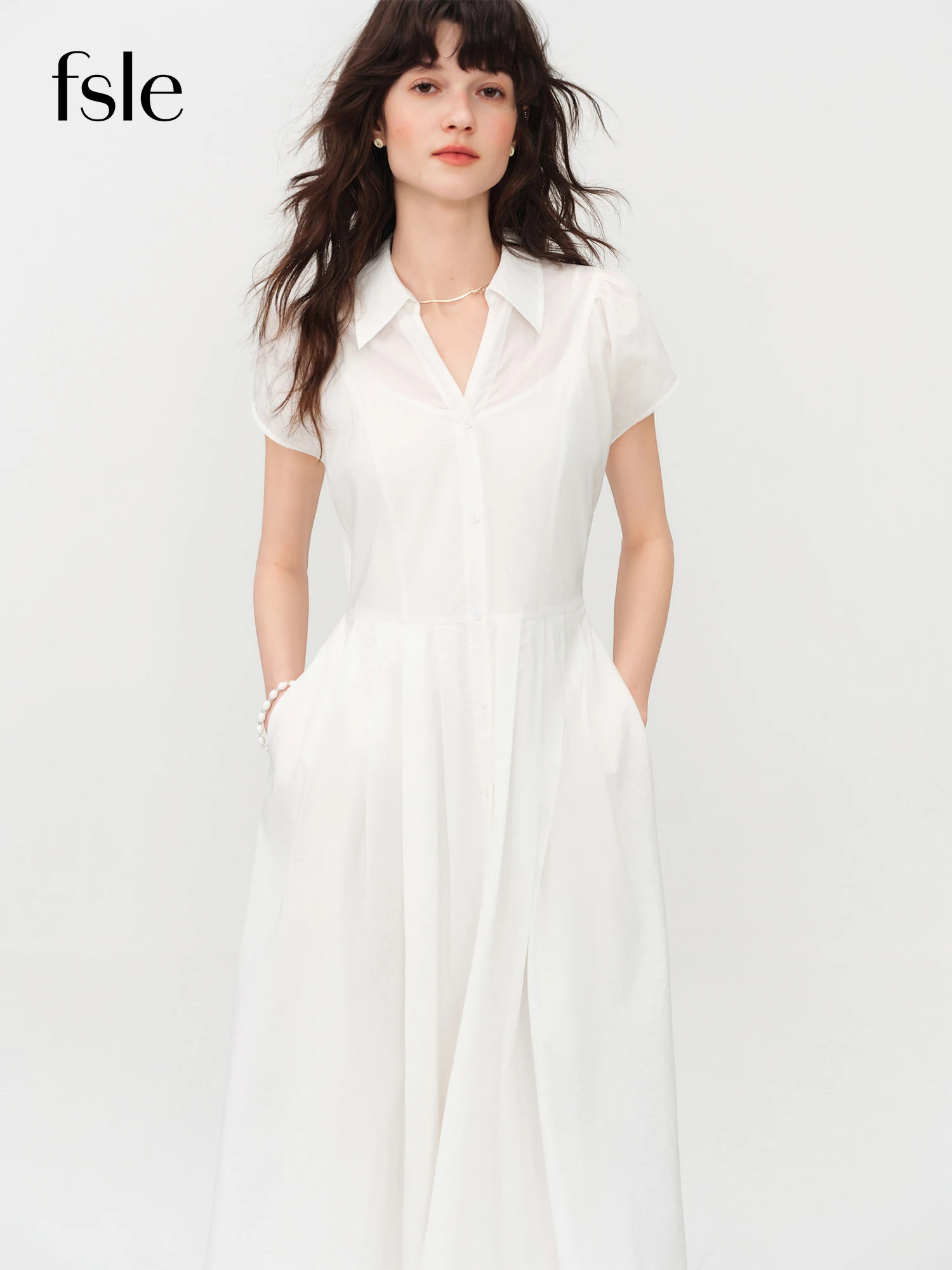 FSLE 2026 Summer Women's Midi Pleated Dress Slit V-Neck Office Slim Fit Shirt Dress Flowy Modern Workwear Minimalist Elegant