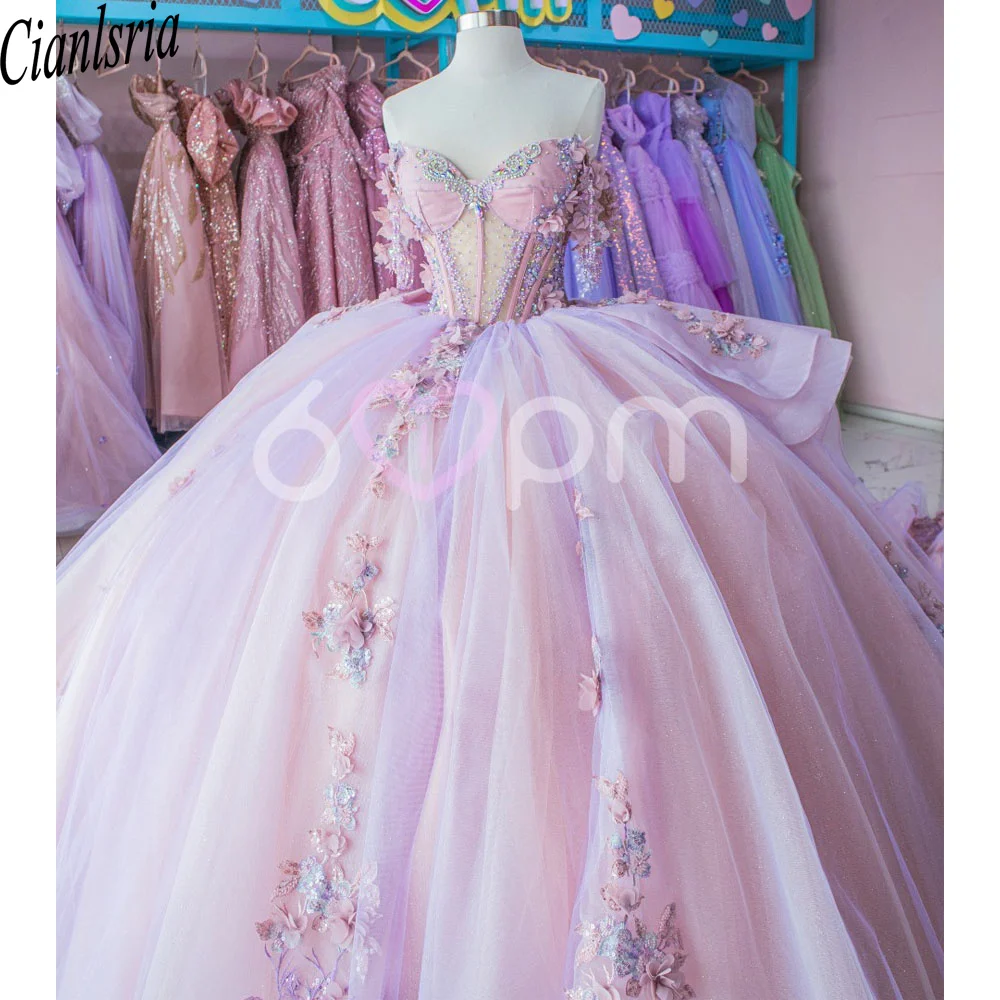 Rosa quinceanera vestido de baile 3d floral apliques miçangas em camadas espartilho doce 16 vestidos de xv 15 anos