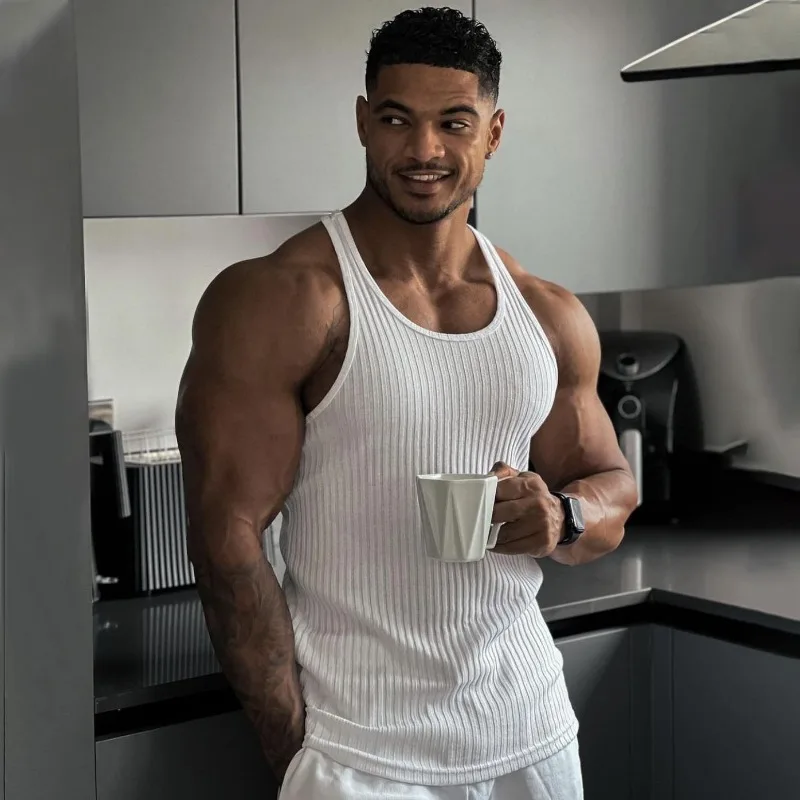 Men's White Ribbed Stringer  Top Sleeveless Muscle Gym Shirt
