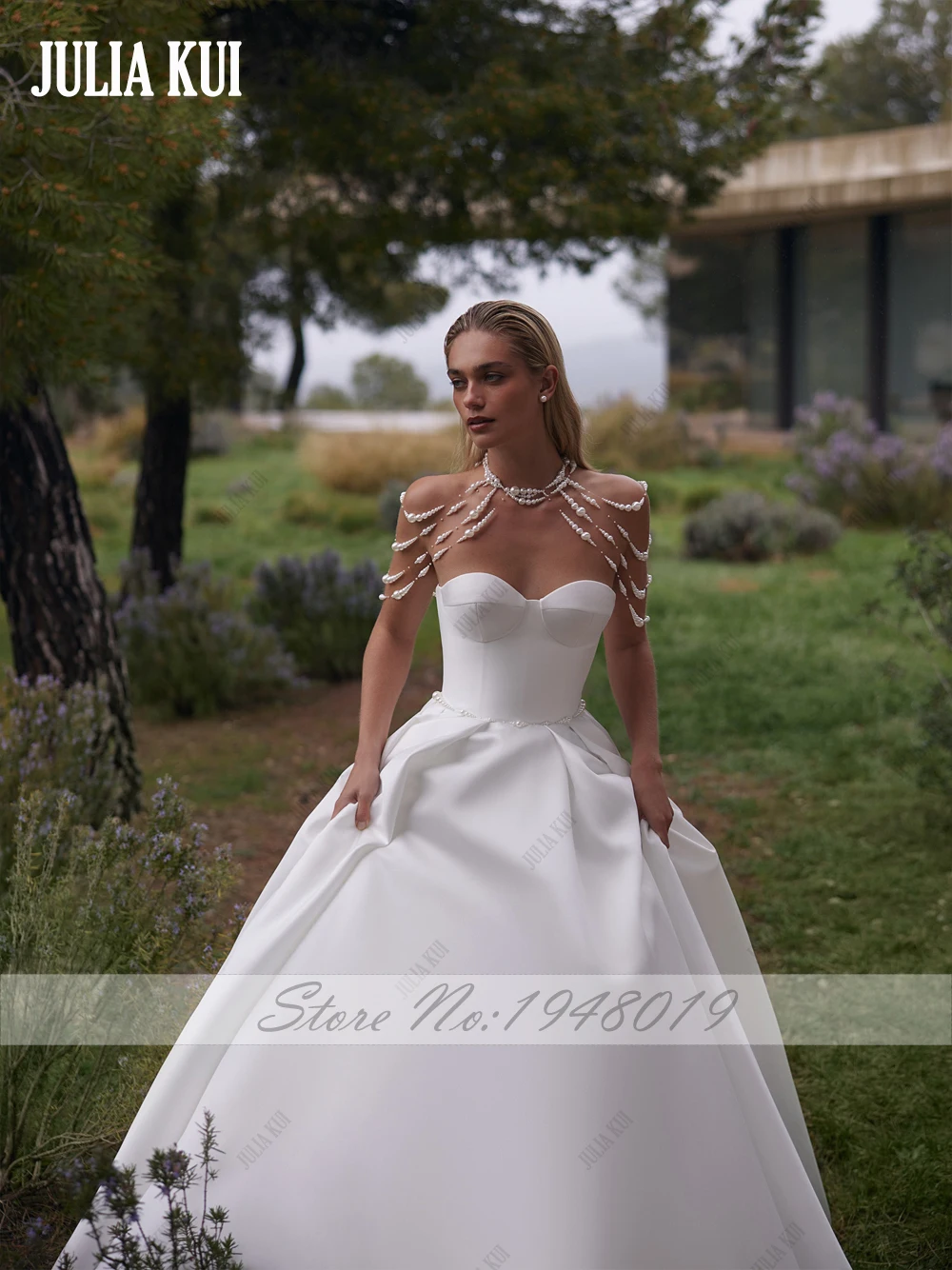 جوليا كوي مخصص الديكور اللؤلؤ الأشرطة الكرة ثوب فساتين الزفاف قبالة الكتف الحبيب الدانتيل يصل فساتين العروس الساتان الفاخرة #4