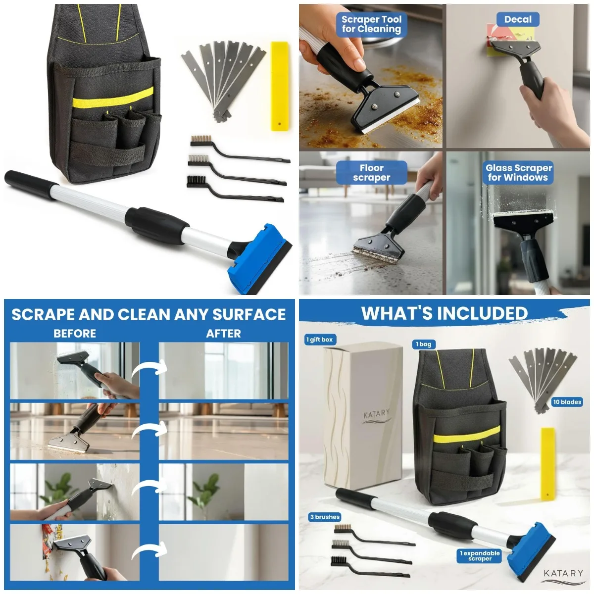 

Скребок для пола и стен с длинной ручкой, лезвием для бритвы, набором для удаления затирки и клея + набор кистей из 3 предметов