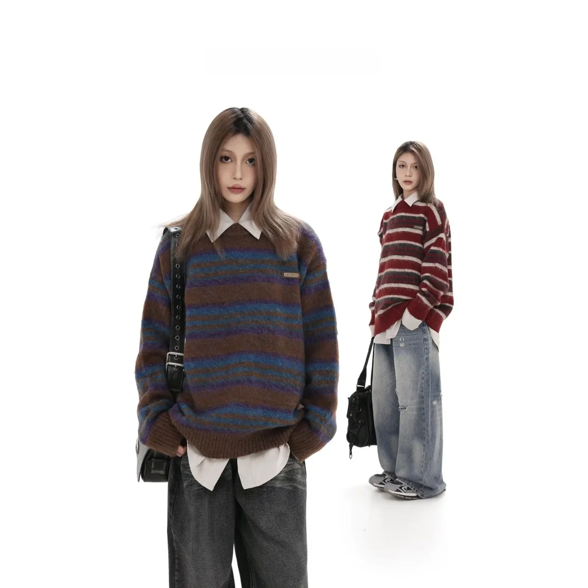 

Ретро полосатый ленивый круглый свитер Ne, мужской свободный свитер для пар, тяжелая теплая трикотажная одежда, женский модный зимний пуловер