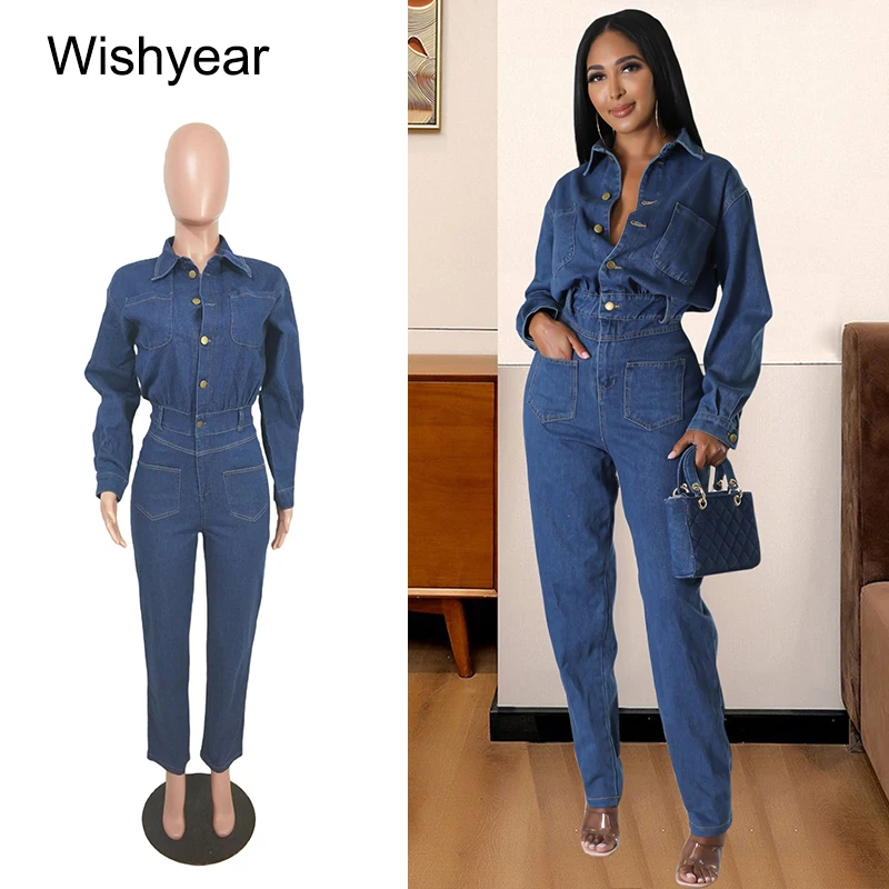 

Fashion Women's Autumn Slim Fit High Waist Stretch Denim Jumpsuit One Piece Romper with Pencil Pants Full Sleeve Blue Jeans
