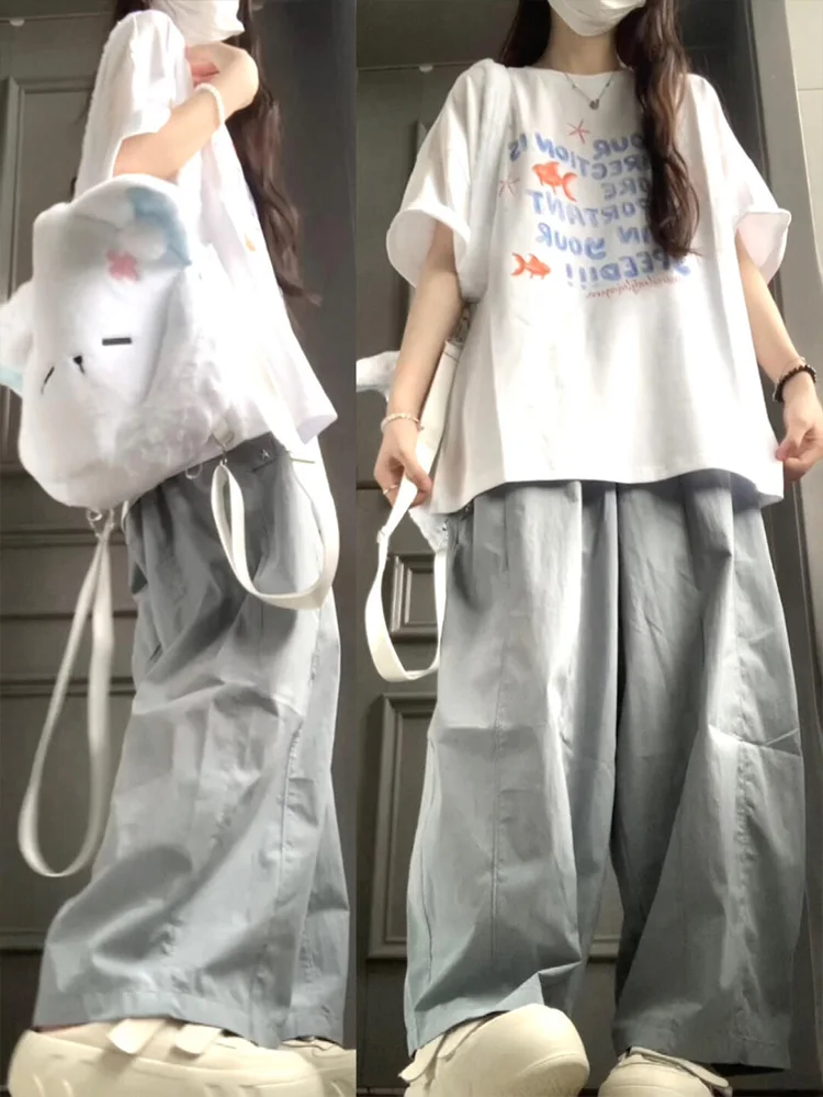 

Белая футболка American Sle Fun Goldfi с принтом, женская летняя свободная посадка, универсальный хлопковый топ f Sve round Ne