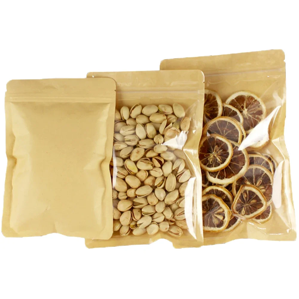 100Pcs Clear Brown Kraft Paper Zip Lock Bag Self Grip Seal Tear Notch Reusable Food Snack Tea Coffee Bean Storage Pack Pouches