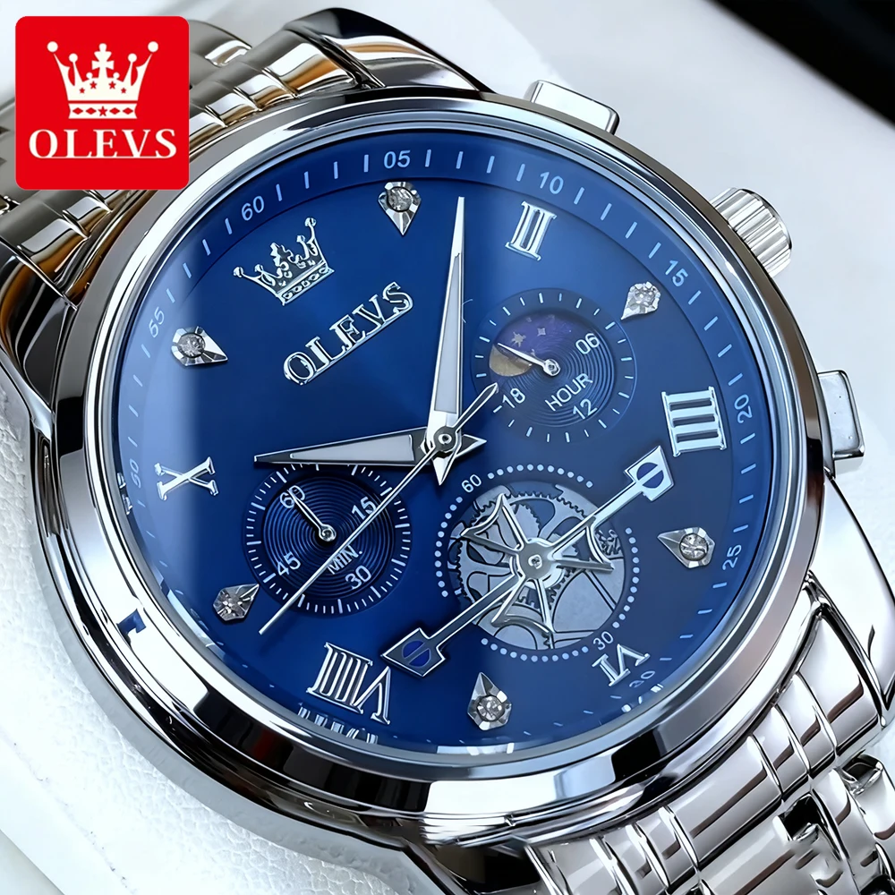 

OLEVS мужские часы спортивные модные оригинальные кварцевые наручные часы из тонкой стали для мужчин хронограф с маховиком водостойкий тренд фазы Луны