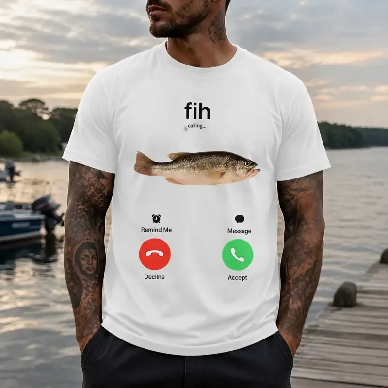 Men's Funny Fishing Graphic Breathable Cotton Short-Sleeve Menswear Top, Fish-Calling Print Casual Tee for Fishing Trips, September Halloween Birthday Gift