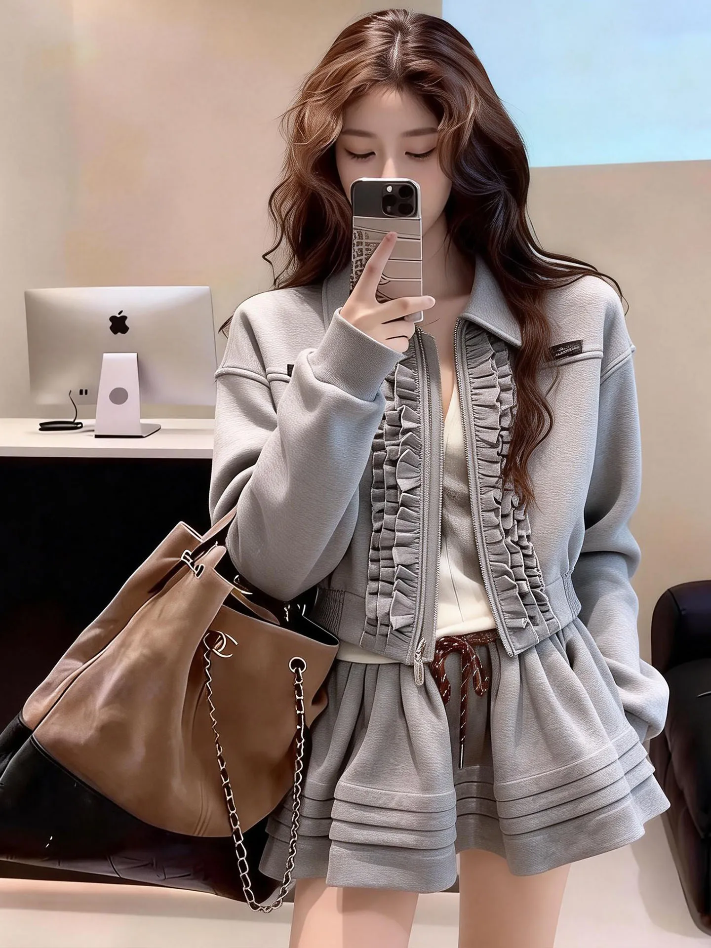 

Комплект с юбкой Ele ey Jaet: женский повседневный костюм-двойка весна 2026, юбка с высокой талией и длинными рукавами в студенческом стиле