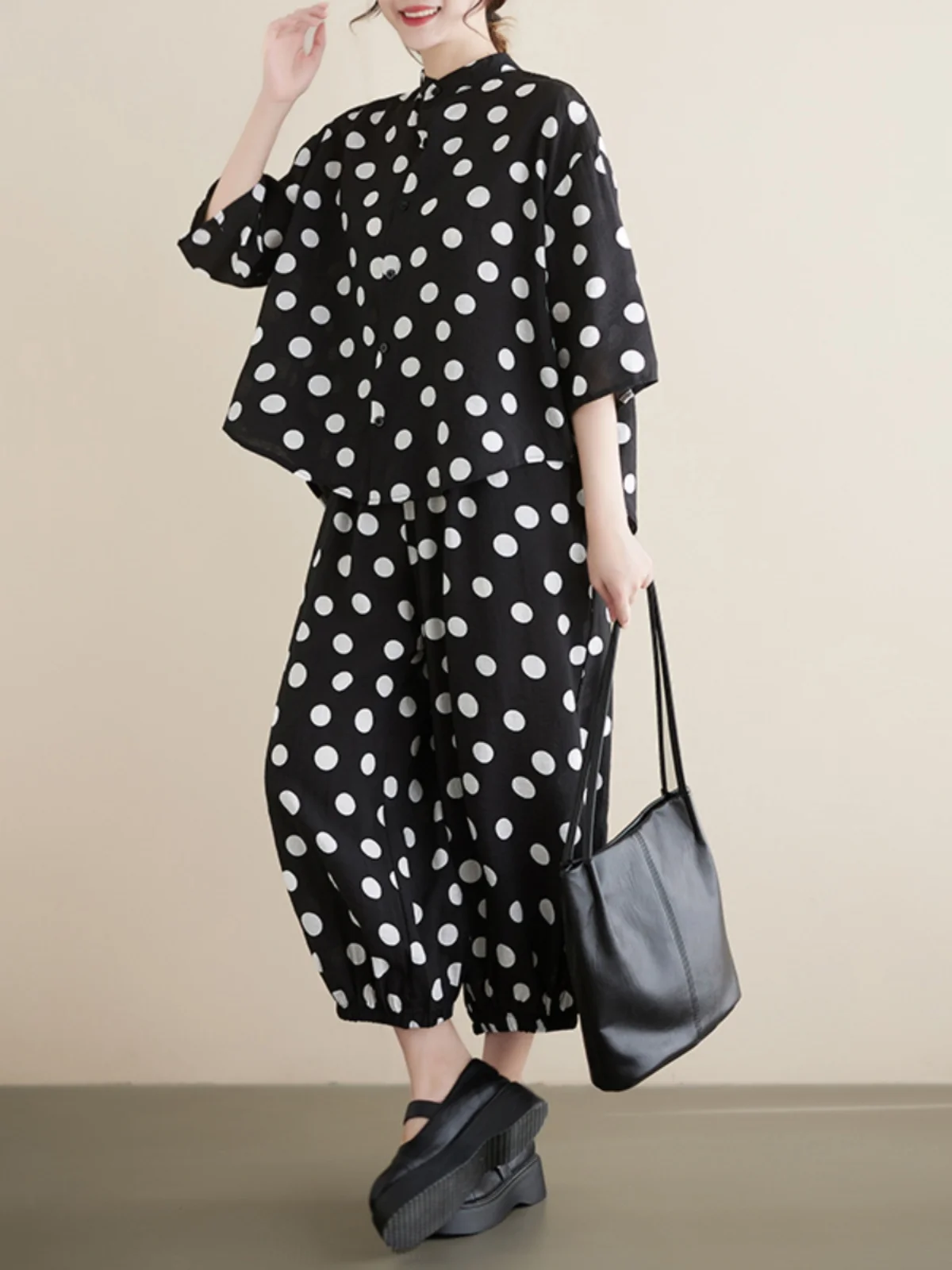 夏の新作水玉プリント綿麻素材スタンドカラーカジュアルハーランパンツツーピースセットレディースファッションアンサンブル