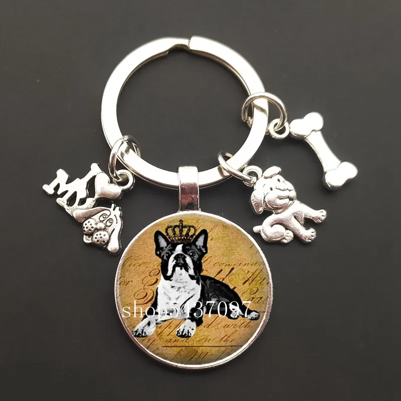 Cartoon dog Lovely Pet pomeranian Pug collie round glass cabochon keychain Bag Car key chain Ring Holder Charms keychains Gifts