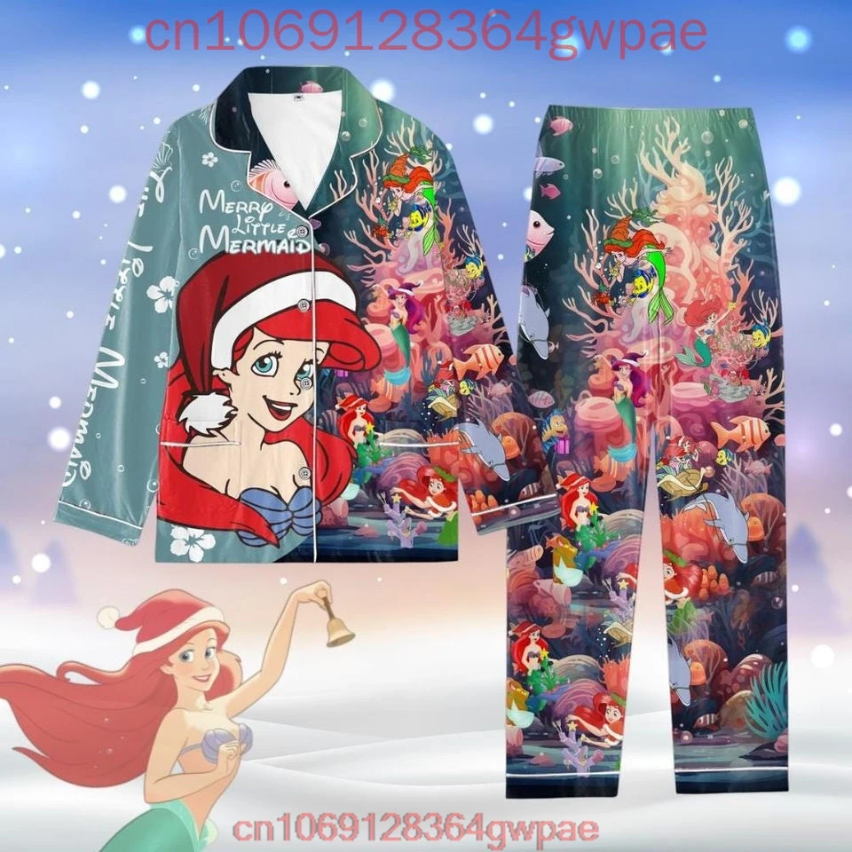 The Little Mermaid Ariel Princess Pajama Set Disney 3D Printed Casual Men\'s and Women\'s Long Sleeve Shirt Pajama Set