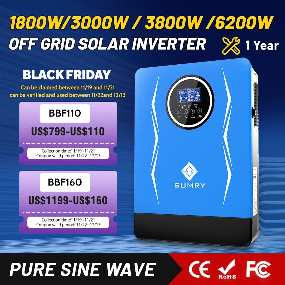 SUMRY Hybrid Solar Inverter Pure Sine Wave MPPT 3kw 3.8kw 24v to 220v Solar Charger Power Home Inversor